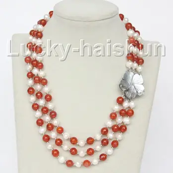 

17" 8mm 3row round white pearls Multicolor jades necklace