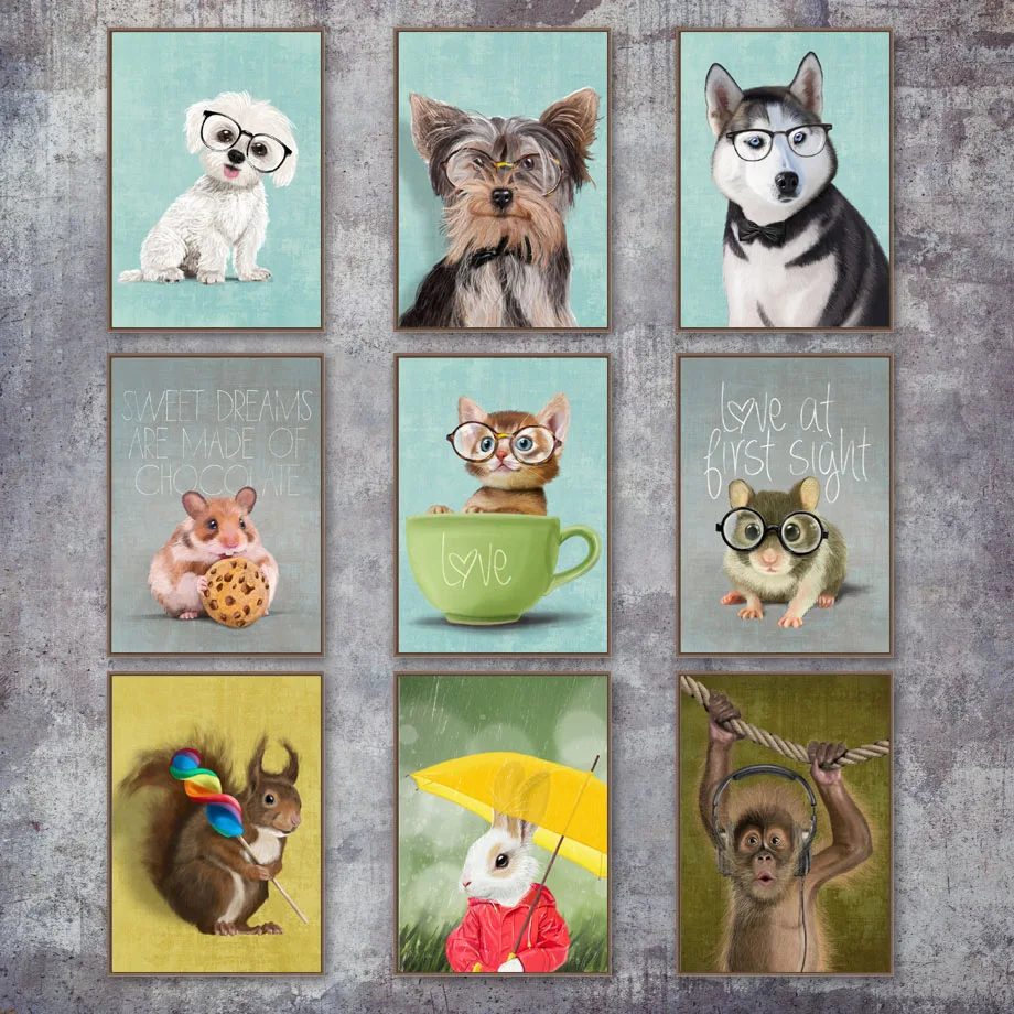 

Canvas Pictures Art Home Decoration Cat Dog Rabbit Pig Monkey Painting Modular Wall Printed Nordic Animal Poster For Living Room