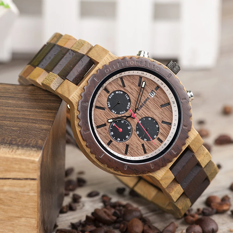Week Display BOBO BIRD Men Watch Top Stylish Wood Chronograph Timepieces Quartz Watches relogio masculino In Wood Gift Box L-R21