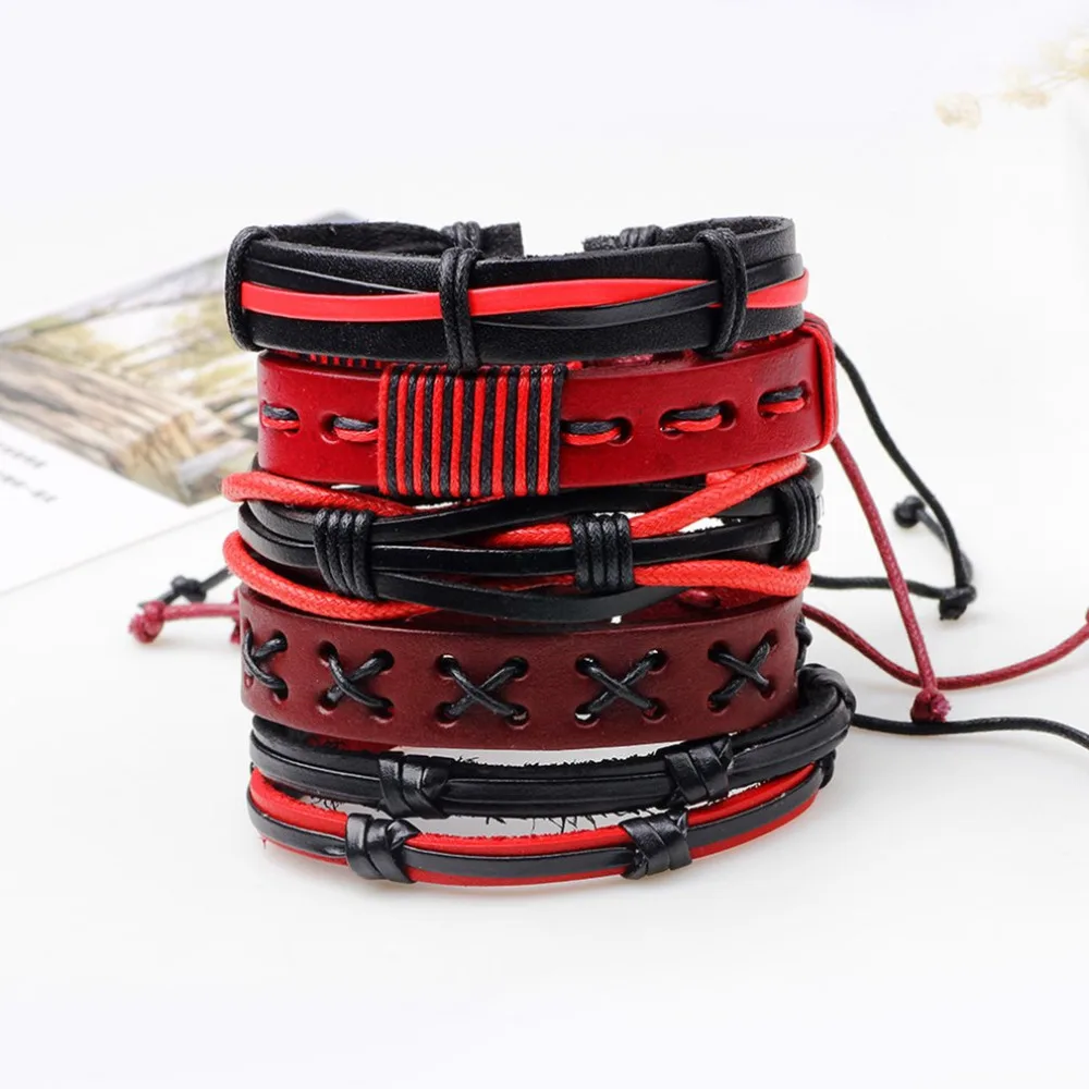 

5pcs/lot Vintage Ethnic Charming Male Pulsera Black Red Braided PU Leather Handmade Bracelets Stylish Jewelry 2018 New