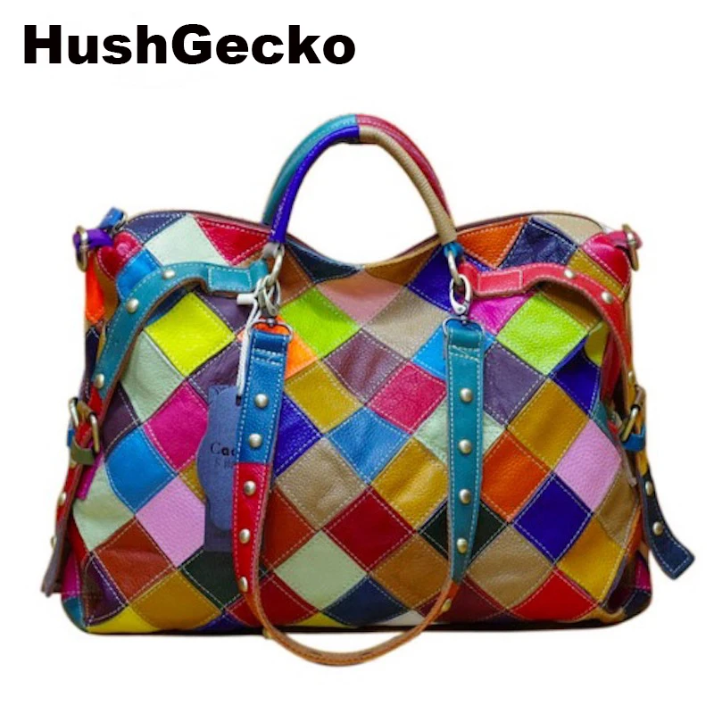 

2019 New Women Bags Casual Colorful Blocks Patchwork Women Tote Bags Genuine Leather Ladies Handbags