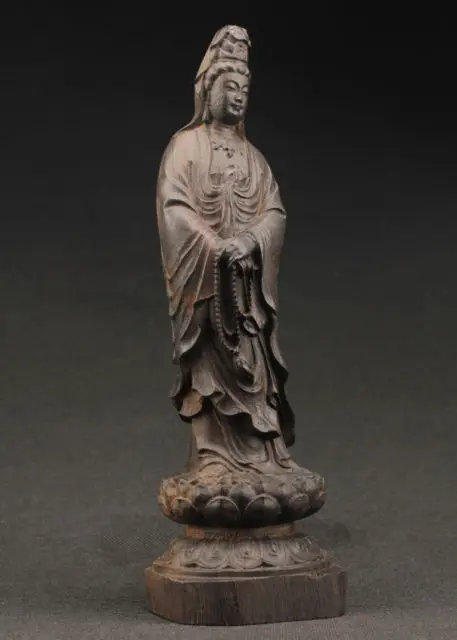

SUPERB BIG DECORATED HANDWORK OLD EBONY WOOD CARVED KWAN-YIN SUPERB STATUE