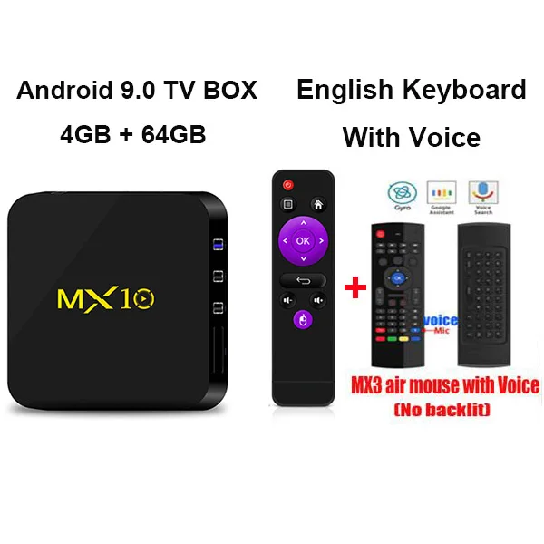4G 64G With Voice MX10 ТВ приставка Android 9,0 ТВ приставка ОЗУ 4 Гб ПЗУ 64 Гб RK3328 четырехъядерный 64 бит Мини ПК 4K 3D USB 3,0 H.265 HDR VP9 2,4G Wifi медиаплеер - Цвет: 4G 64G With Voice