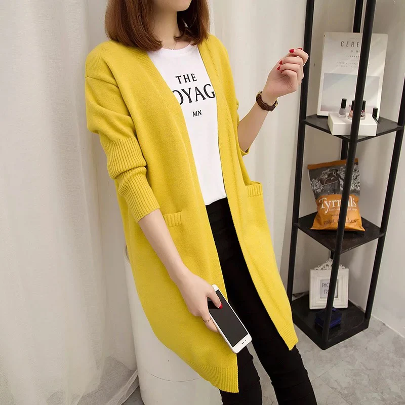 OHRYIYIE желтый вязаный длинный кардиган женский свитер свободные однотонные дизайнерские свитера с карманами женские трикотажные длинные пальто Топы
