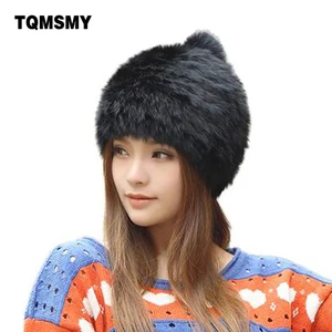Высокое качество модные зимние шапки для женщин Кролик Мех животных шапочка Вязание Шерсть натуральный мех повседневное милые - изображение