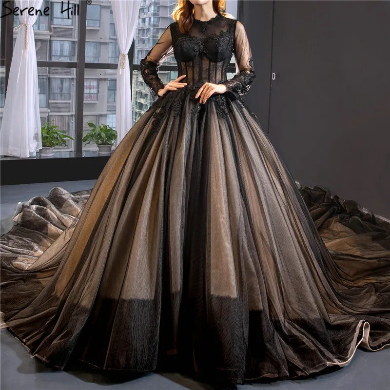 

Black Champagne Long Sleeves Wedding Dresses 2019 O-Neck Handmade Flowers Lace Up Bridal Gowns Real Photo HM66690 Custom Made