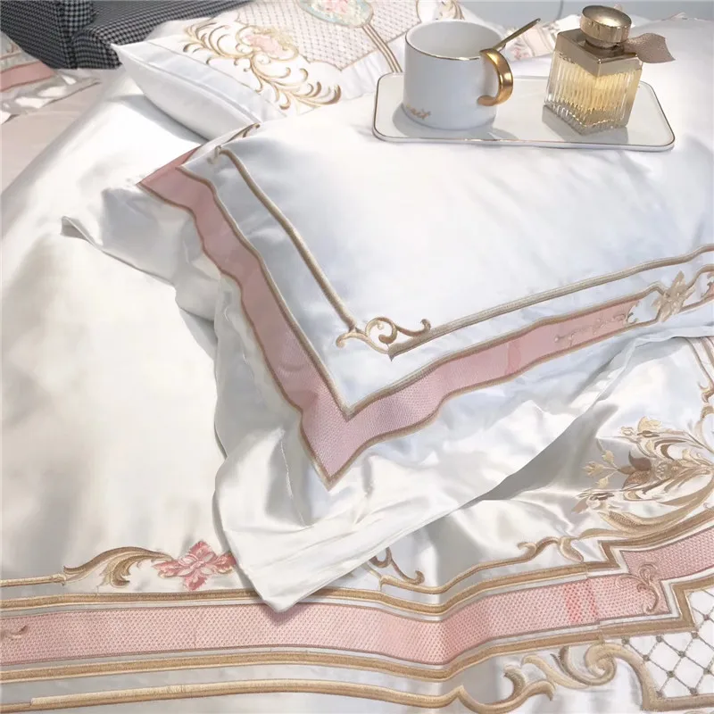 Белый Европейский стиль Королевский роскошный вышивка шелк хлопок Мягкий Комплект постельного белья пододеяльник простыня наволочки King queen размер