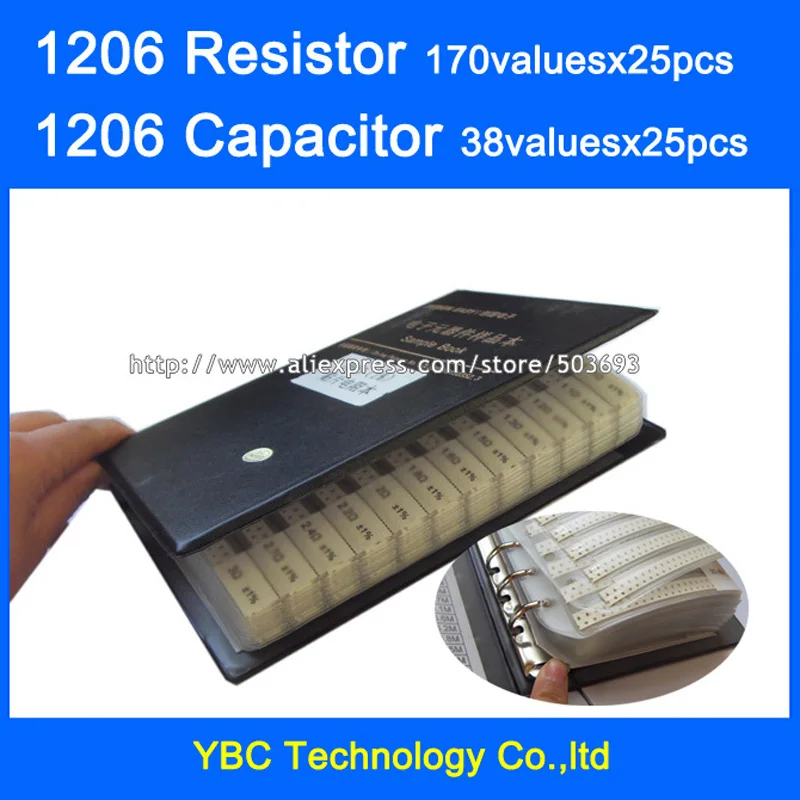 

1206 SMD Resistor 0R~10M 1% 170valuesx25pcs=4250pcs + Capacitor 38valuesX25pcs=950pcs 10PF~22uF Sample Book