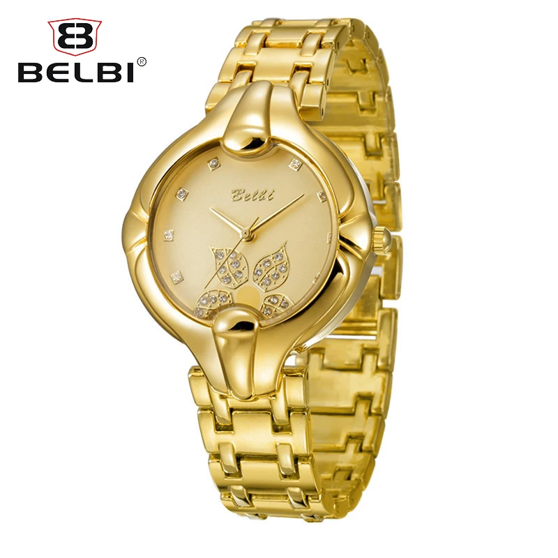 

Gold Leaf Dial Design Women's Wristwatches Luxury Diamond Women Watches Quartz Movement Brand BELBI Watch For Lovers Best Gift
