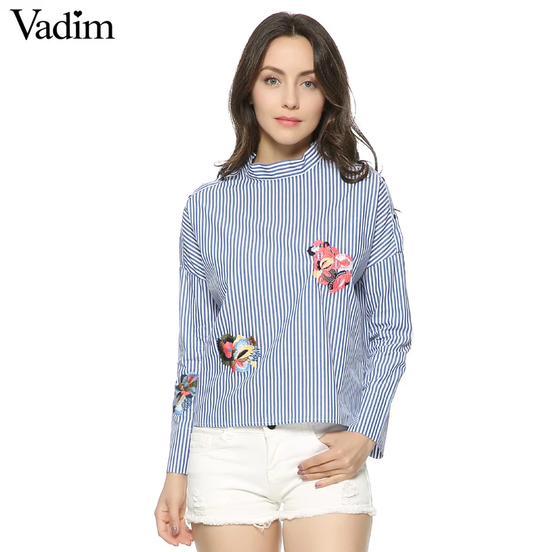 Women elegant striped floral embroidery shirts full cotton