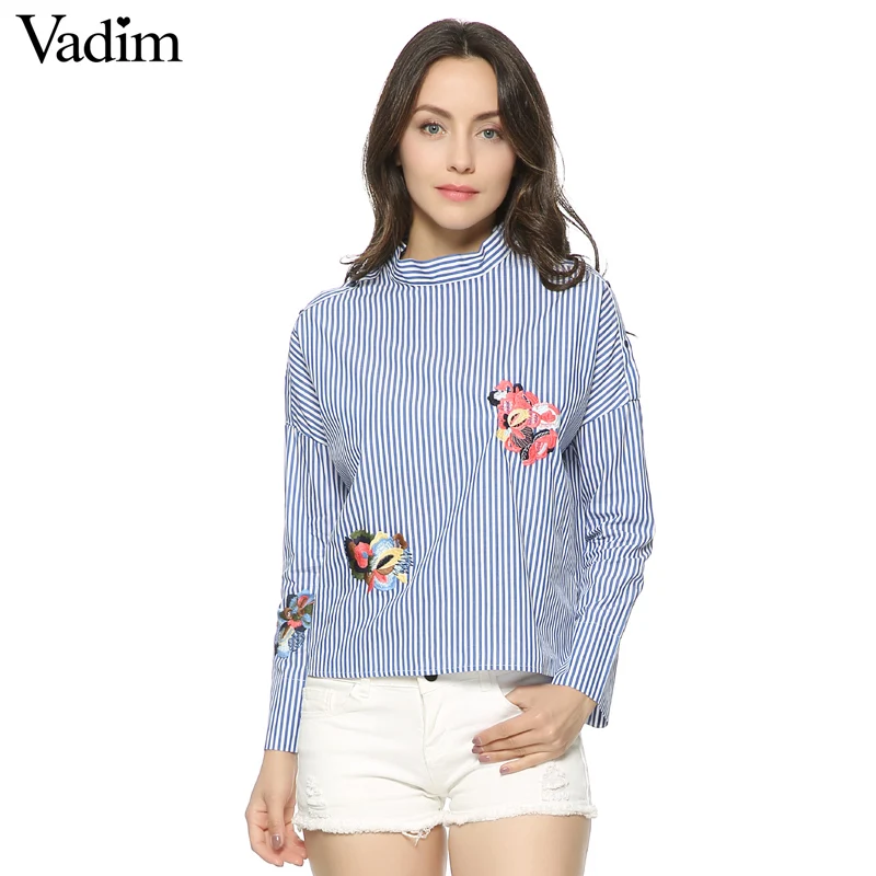 

Women elegant striped floral embroidery shirts full cotton long sleeve stand collar loose blouse casual tops blusas LT1145