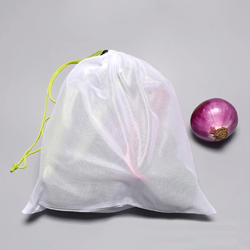 

10Pcs Reusable Food Storage Bags Black Rope White Mesh Food Storage Bags for Vegetable Fruit