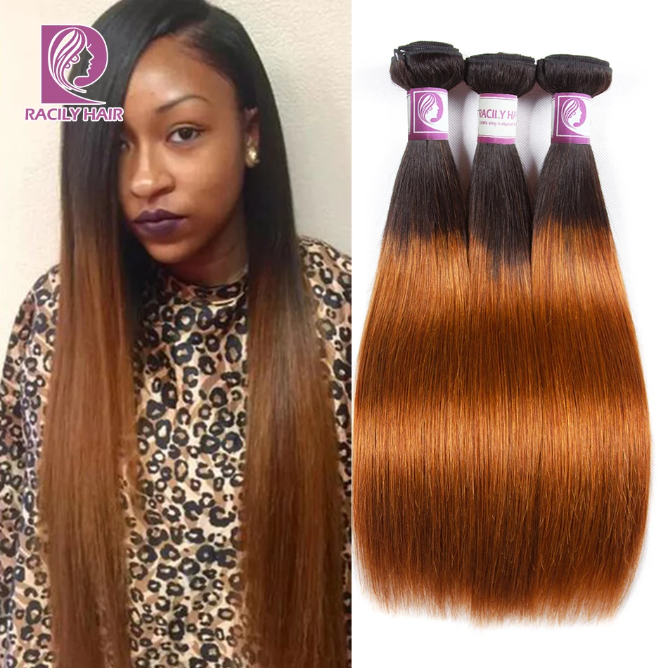

Racily Hair Ombre Brazilian Hair Straight Human Hair Extensions T1B/30 Brown Bundles Deals Remy Human Hair Weave 1/3/4 Bundles