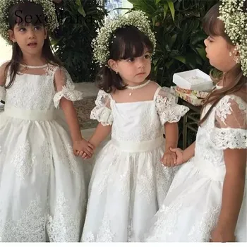 

White Ivory Flower Girl Dresses for wedding O Neck Lace Long First Communion Dresses Baby Girls Birthday Gown vestido daminha