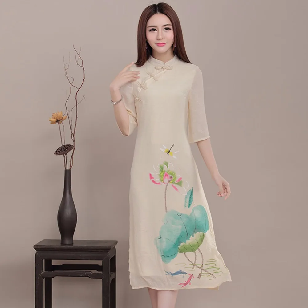 Летнее Новое Женское платье Cheongsam Qipao простая льняная печатная Женская юбка ретро-арт средней длины рукав А-силуэта розовая юбка #272953