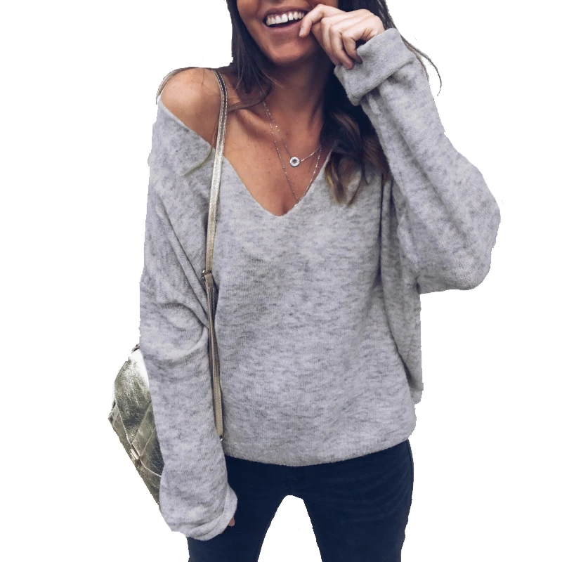 

Bat Sleeve Women T-shirts Sexy Deep V Collar Long Sleeve Loose Casual Female Solid T Shirt 2018 New Fashion Ladies Sweater Tops