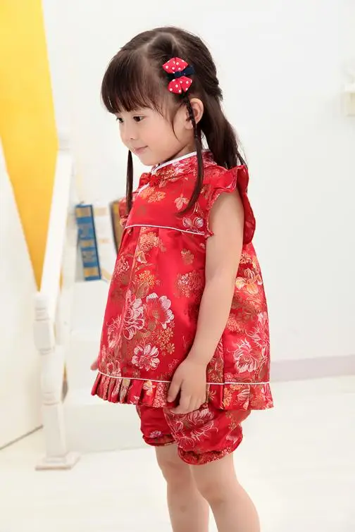 2018 Цветочные Qipao комплекты детской одежды Новый год Китайский платья для маленьких девочек короткие штаны Cheongsam малыша одежда для девочек