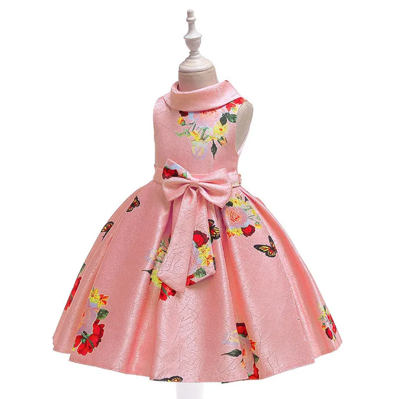 Детское платье с принтом; коллекция года; Летние Элегантные вечерние платья принцессы с отворотами для маленьких девочек; милая одежда для дня рождения с бантом