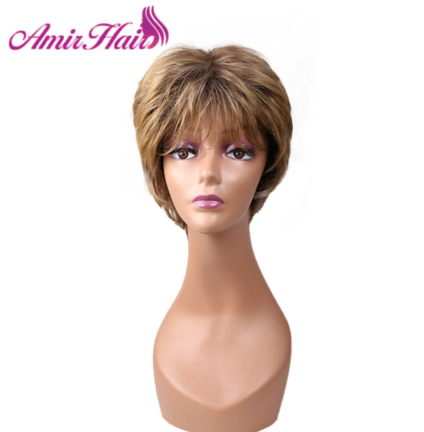 

Amir Short Straight Synthetic Wigs Layered Blonde Wig with bangs For American African Women Fluffy Heat Resistant Hair Cosplay