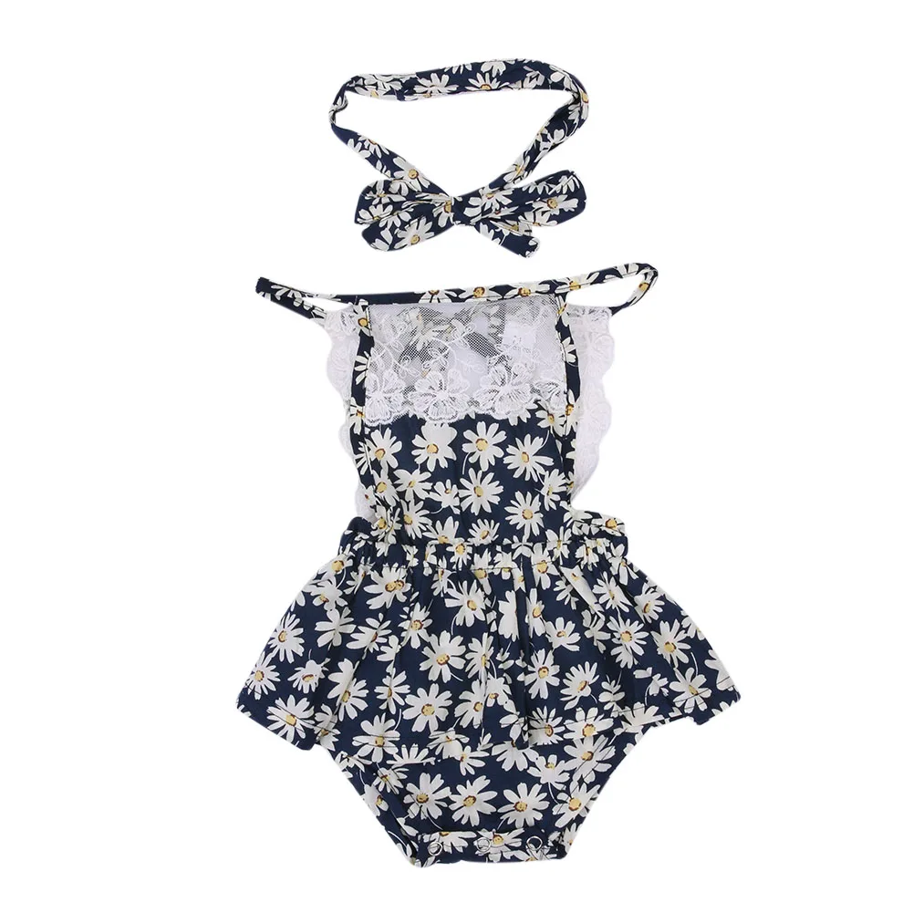 

Newborn Baby Girl Clothes Sleeveless Lace Splice Floral Print Romper + Headband Baby Girl Summer Clothes