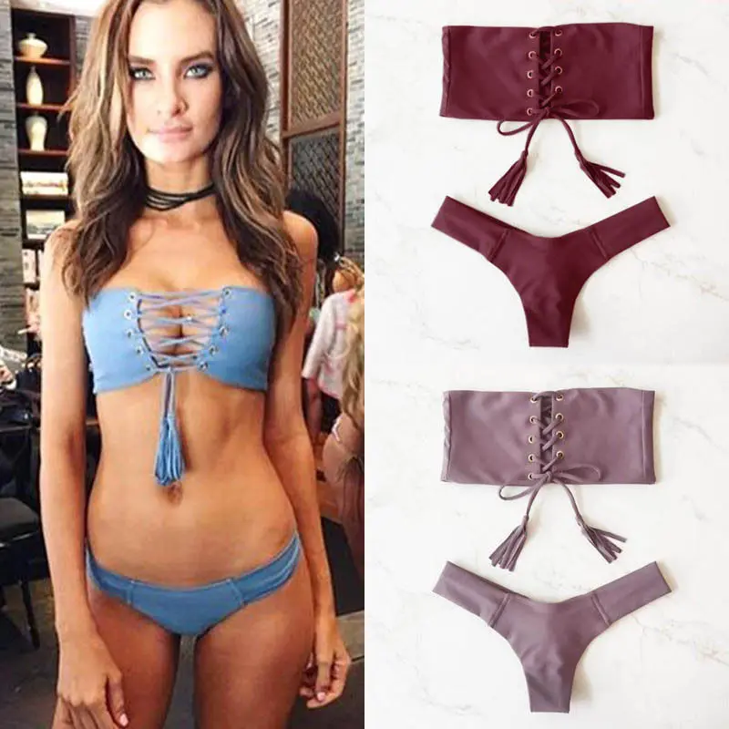 

2017 Newest Women Bikini Set Ladies String tube Top Bra Swimsuit Swimwear Triangle Bathing Swimming Suit