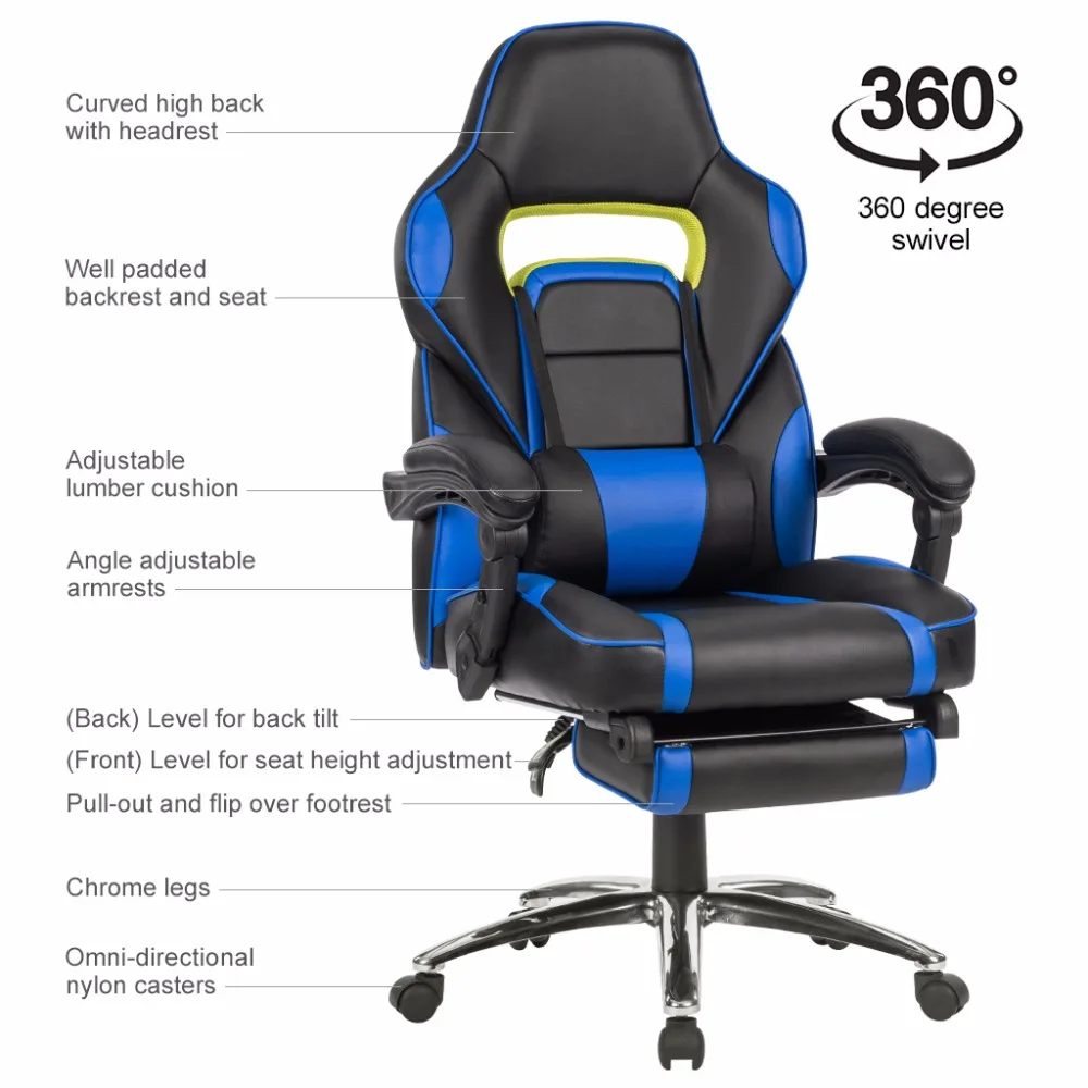 LANGRIA эргономичное офисное кресло с высокой спинкой из искусственной кожи В гоночном стиле с откидывающейся спинкой для компьютерных игр, офисное кресло с мягкой подставкой для ног синего цвета