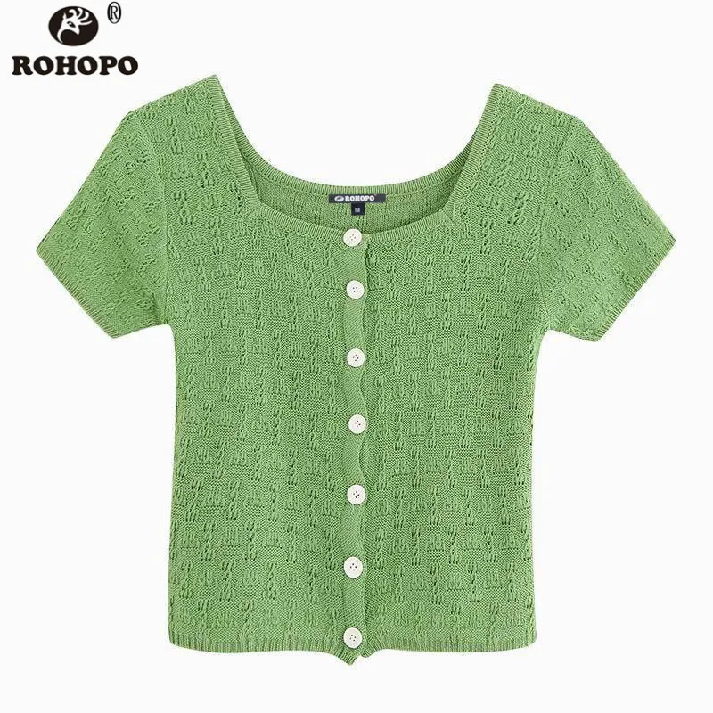

ROOHOPO Women Jersey Solid Cotton Crop Top Tees Buttons Fly Chic Korean Girl Cute Cardigan Top Tee Shirt #UK9427