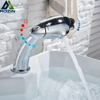 

Polished Chrome Bathroom Basin Faucet Deck Mounted Thermostatic Basin Mixer Tap Dual Handle Vanity Sink Faucet