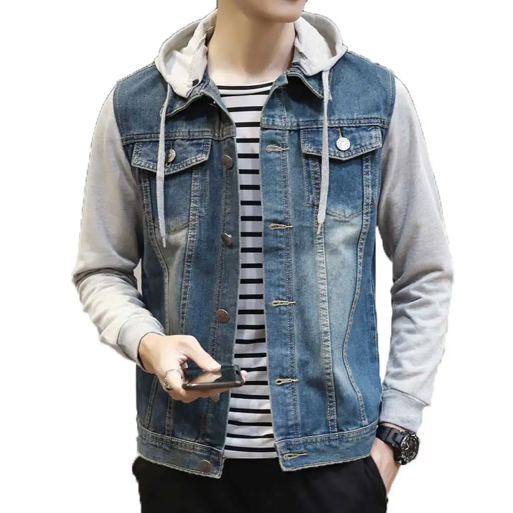 Hooded Men Jeans Jacket with Hat Denim Coat Hoodie Cowboy