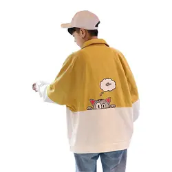 Для мужчин; модная куртка 2018 осень мультфильм печати узор карман Ulzzang Harajuku ударил Цвет шить свободные желтый и зеленый цвета пальто