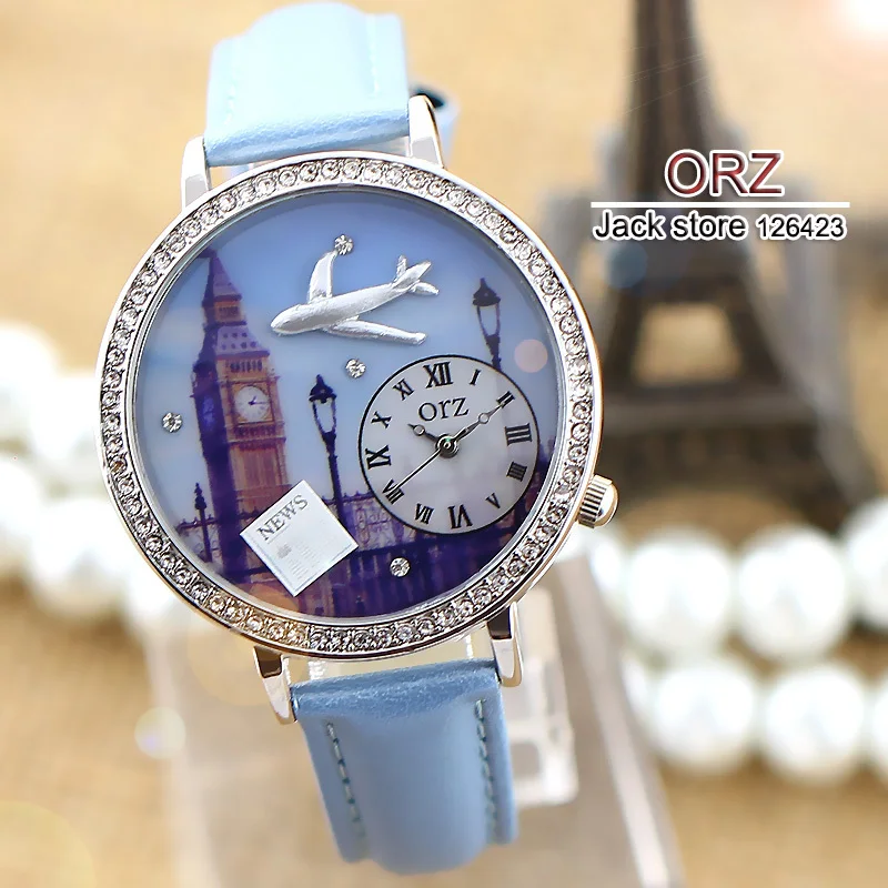 South Korea mini Wristwatches Rhinestone Women Dress Watch with Leather