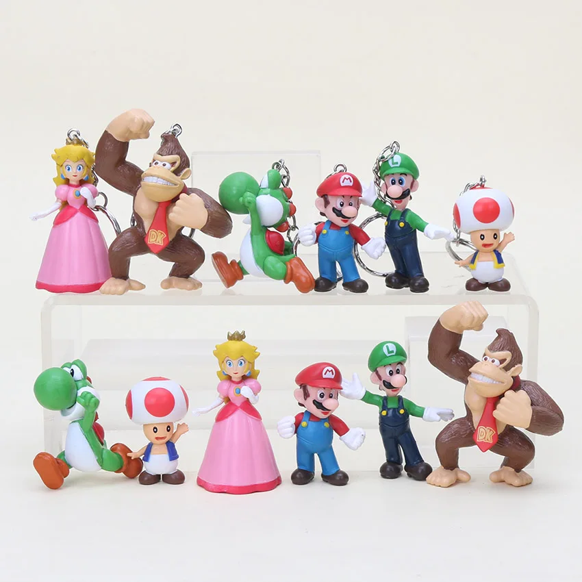 

6pcs/set super mario bros figure mario luigi yoshi princess peach pvc action figure model keychain pendant with keyring
