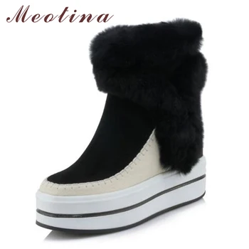 

Meotina Ankle Boots Winter Genuine Leather Snow Boots Women Real Rabbit Fur Warm Platform High Heel Boots Wedges Shoes Ladies