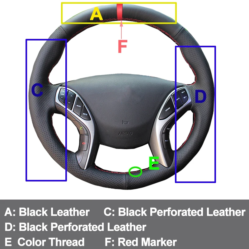 HuiER Ручной Чехол рулевого колеса автомобиля Красный Маркер нескользящий износостойкий для hyundai Elantra 2011- Avante i30 2012