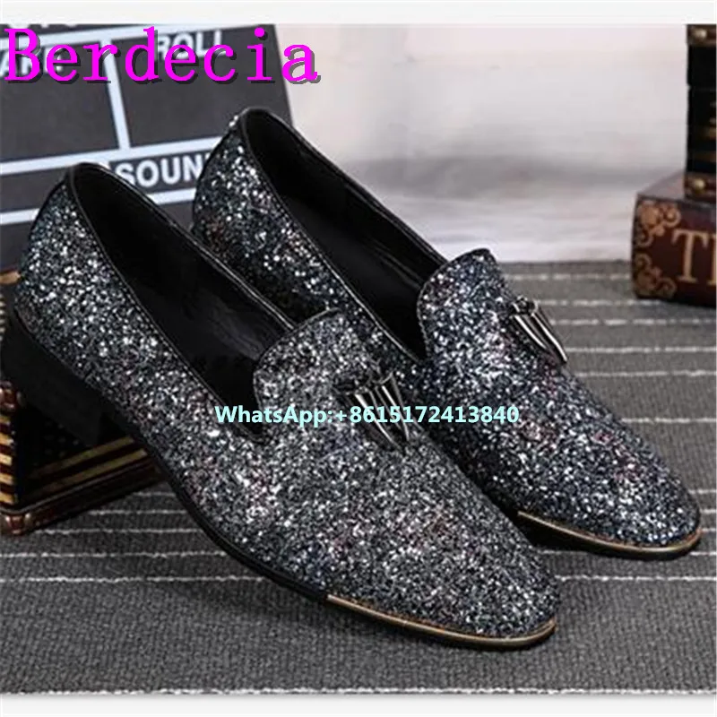 Berdecia Height Increasing Pointed Toe Leather Casual Shoes Metal Decoration Retro Crystal Fluorescence Slip-On Men Dress Shoes