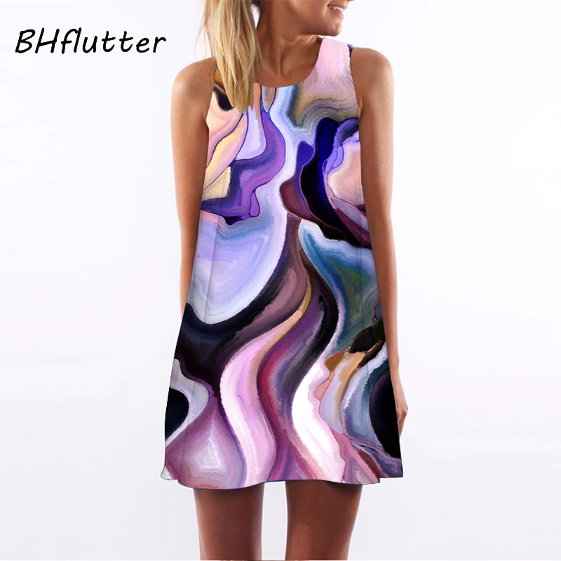 BHflutter женское платье стиль цифровая печать короткое Ретро винтажное платье без рукавов Круглый вырез повседневное шифоновое летнее платье