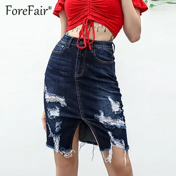 

Forefair New Front Split Ripped Tassel Hole Denim Skirts Women 2018 Summer Bodycon Skirt Dark Blue Slit High Waist Jean Skirt