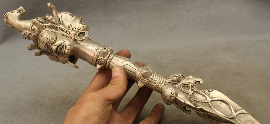 

dr610 14" Tibet Silver Buddhism Mahakala Buddha Head Statue Protect Vajra Talismans