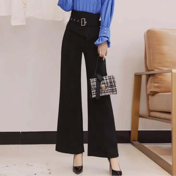 Модные офисные женские брюки с высокой талией, однотонные бандажные широкие брюки, деловые брюки