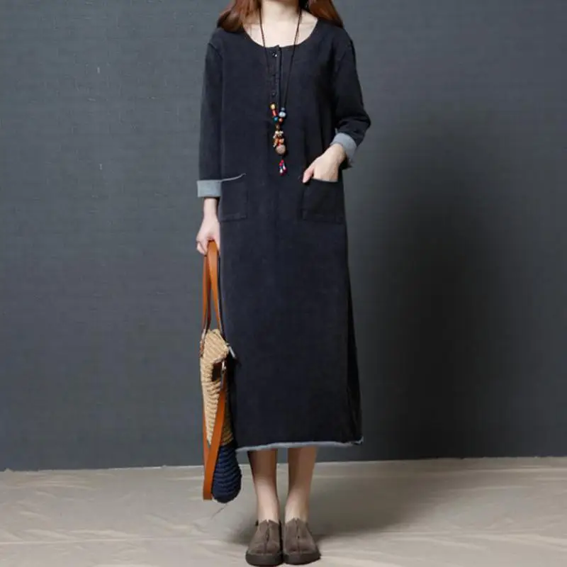 

Johnature Long Sleeve O-neck Pocket Button Vintage Solid Color Denim Plus Size Dress 2019 Autumn New Korean Casual Women Dresses