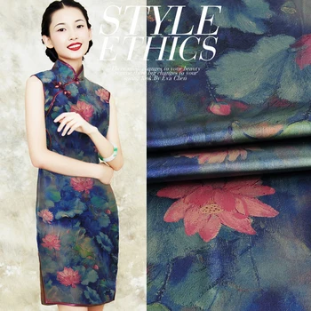 

Vintage Red Lotus Print Blue Silk Satin Fabric High End Dress Material