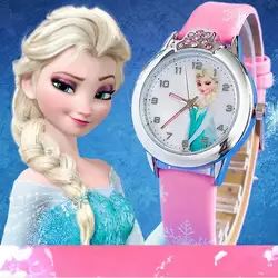 Новинка 2017 года мультфильм детей смотреть моды принцесса Эльза Анна Часы девочки; дети студент милый кожа Кварцевые наручные часы Лидер