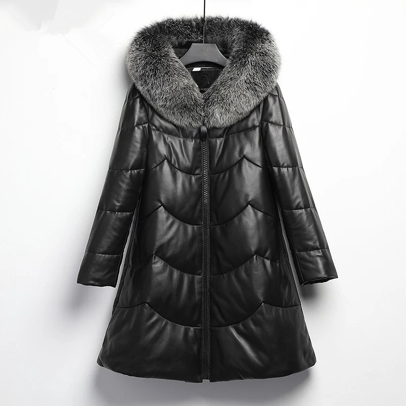 YOLANFAIRY Geniune кожаная куртка для женщин из натуральной овечьей кожи Зимний теплый пуховик с воротником из лисьего меха размера плюс FD117 MF512