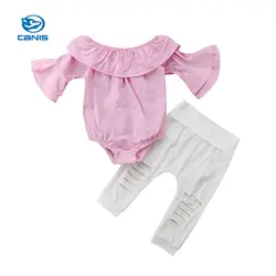 2 предмета, весенне-летняя одежда для новорожденных мальчиков и девочек, комбинезон с оборками, топы + рваные штаны, комплект одежды для