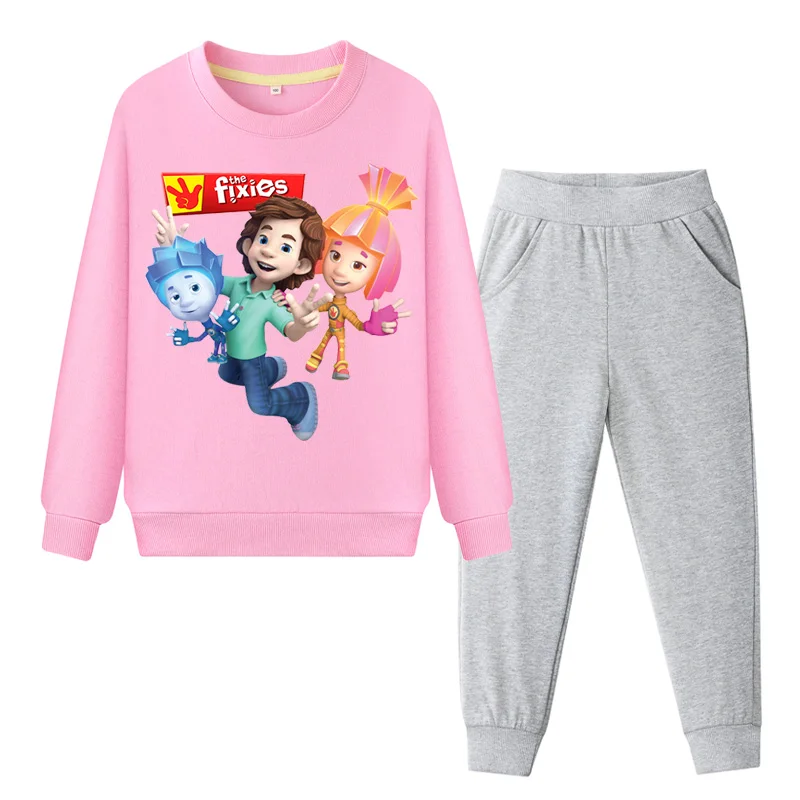 Весенне-осенние комплекты одежды для мальчиков и девочек; тонкие спортивные костюмы из хлопка для малышей; комплект одежды с рисунком Фиксики; костюм с курткой; ZC098