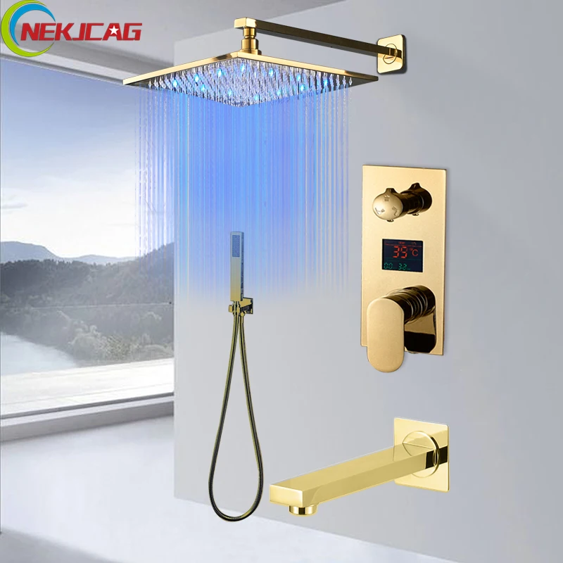 

Gold Plate Digital Display Shower Faucet Wall Mounted 16" LED Shower Head Temperature Display Diverter Valve Faucet Set
