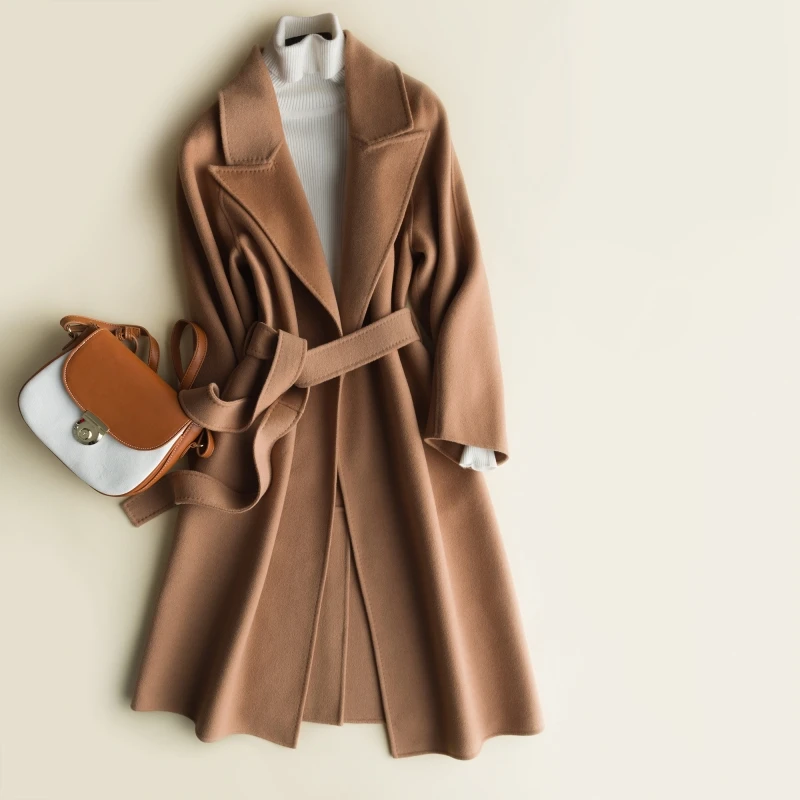 

JECH Winter Autumn Long Women Cashmere Wool Vintage Coats Jacket with Belt Female Casual V-Neck Wool Warm Coat Coats Dress