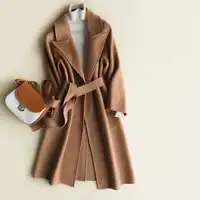 JECH Winter Herfst Lange Vrouwen Kasjmier Wol Vintage Jassen Jas met Riem Vrouwelijke Casual V-hals Wol Warme Jas Jassen Jurk