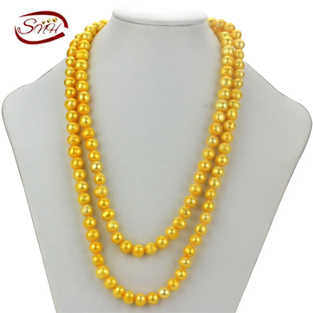 

SNH gold color 100% real pearl necklaces 47inch White Natural pearl A 9-10mm