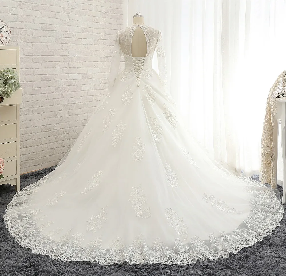 Халат де mariée новое бальное платье свадебное платье 2018 V-образным вырезом одежда с длинным рукавом Часовня Поезд аппликации тюль невесты